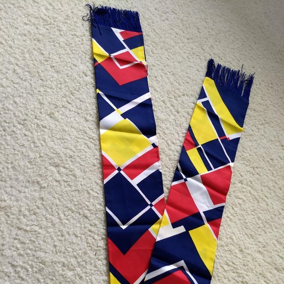 vintage 70s NWOT long skinny groovy print fringe scarf - Picture 1 of 5